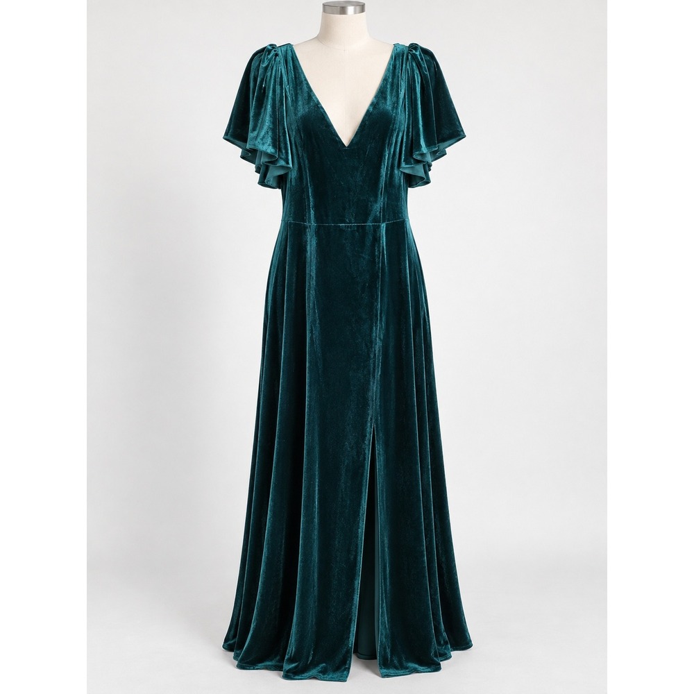 Birdy Grey Emerald Green Velvet V-Neck Flutter Sleeve Maxi Dress 2X
